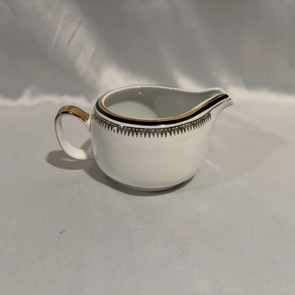 Chodziez Poland Porcelain Creamer Milk Pitcher Black Gold Band Filigree